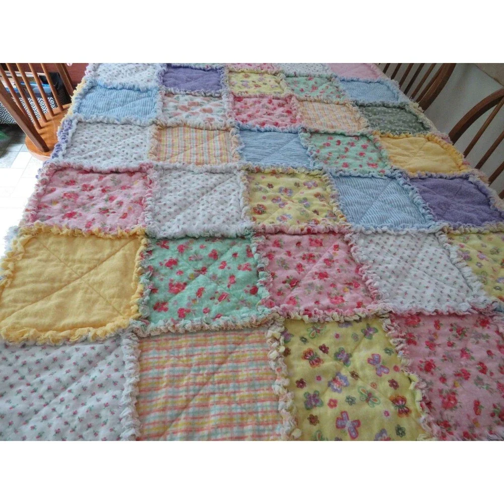 Flannel Rag Quilt With Batting, 50x64, Roses and Butterflies
